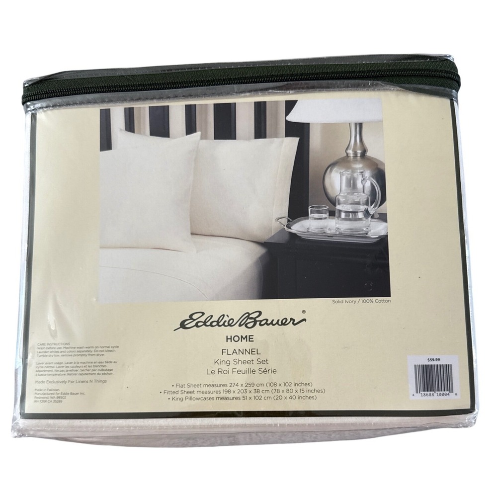 Eddie Bauer Solid 100% Cotton‎ Flannel 4-Piece Sheet Set Ivory New in Package
